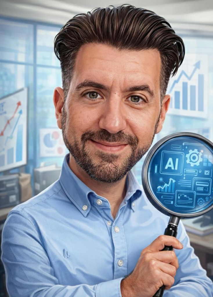 A caricature photo of Alex Psarras